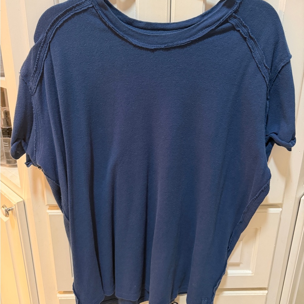 Free People We The Free Blue Raw Seam Tee | Linen Cotton Blend | Size S